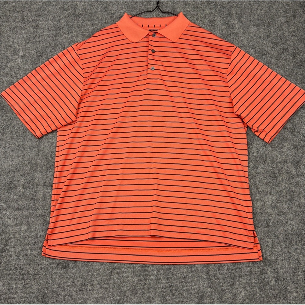 FootJoy Men XL Coral Orange Navy Striped ProDry Golf Polo Shirt Short Sleeve